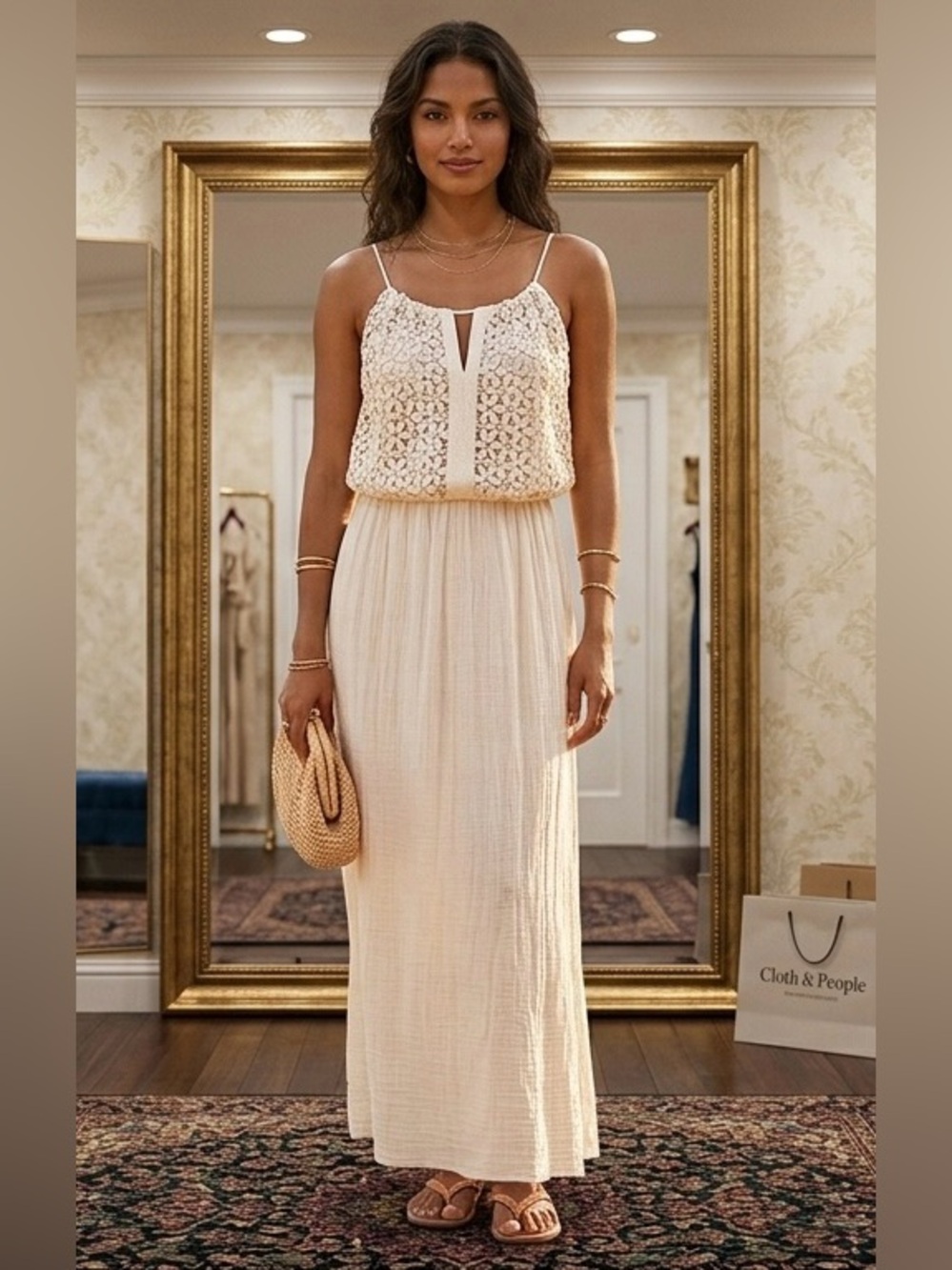 Cloth & People, Sleeveless Crochet Bodice, medium  Maxi Dress in Cream ivory